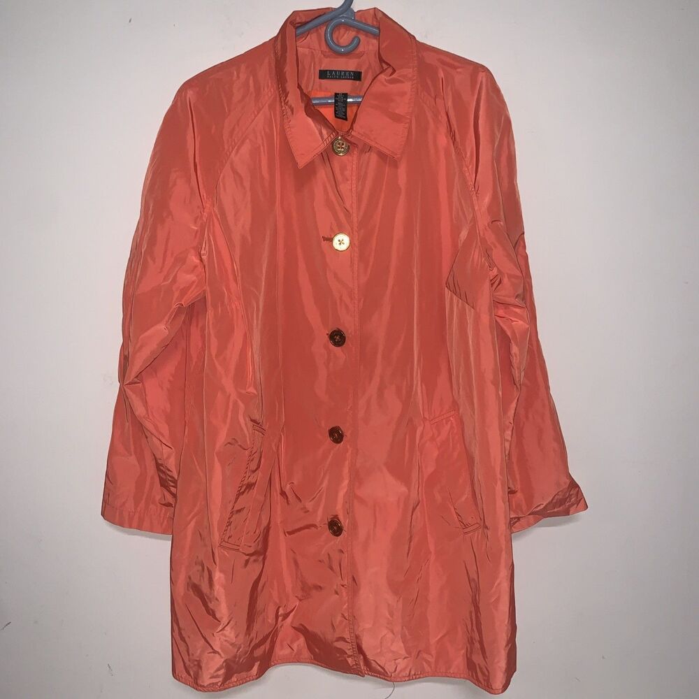 Lauren Ralph Lauren Womens Button Rain Coat Orange Lightweight  2X Preppy Casual